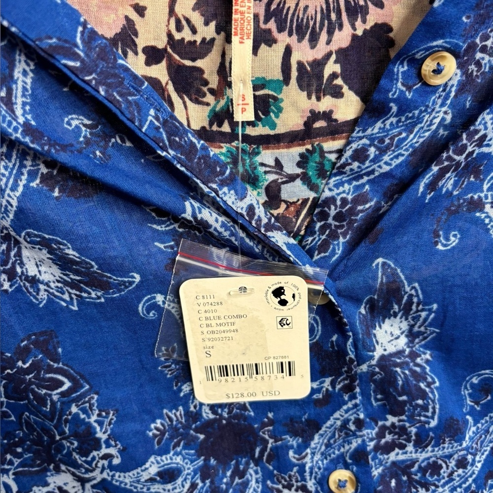 NEW Free People Rose Bud Paisley Cotton Button Up Shirt Womens Oversized Blue SM - Picture 11 of 12